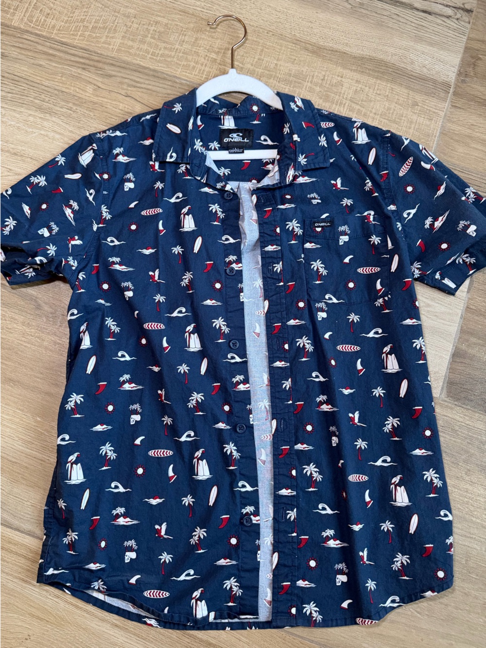 O'Neill Navy Short-Sleeve Button-Down with Red and White Surf Print